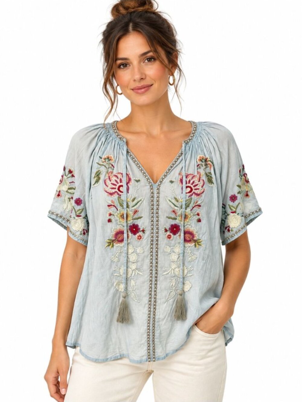 Kyla Seo NWT Embroidered Kiora Top Short Sleeve Boho 100% Cotton Blue Size S